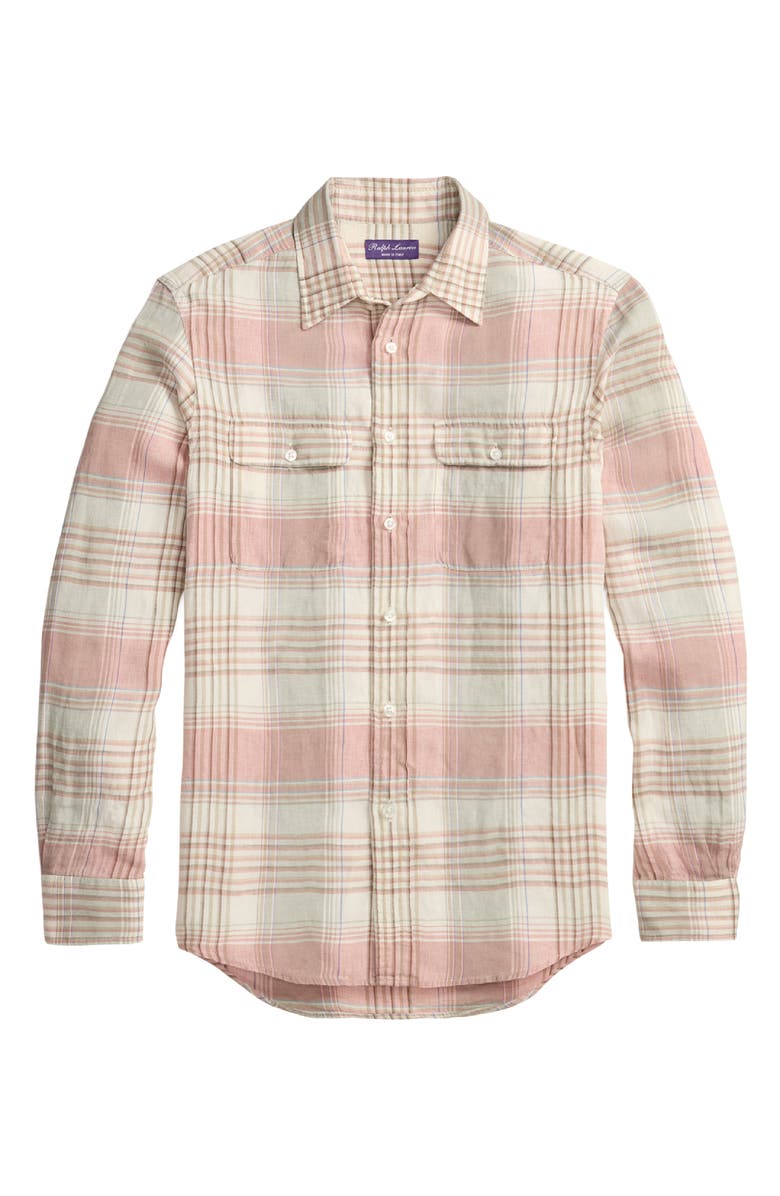 Ralph Lauren Purple Label Plaid Linen Button-Up Shirt, Alternate, color, Raspberry
