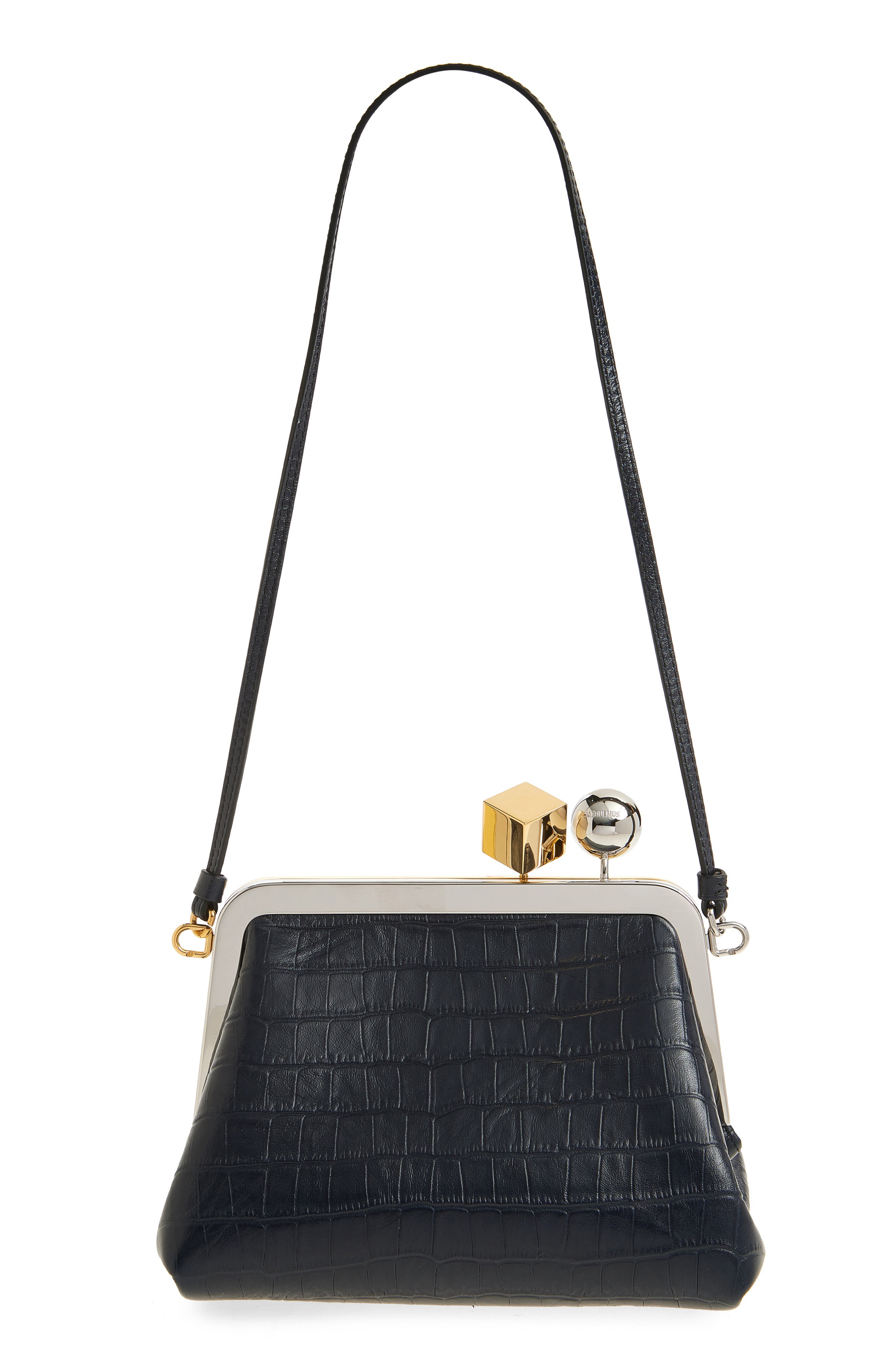 Jacquemus Le Berlingot Croc Embossed Leather Frame Shoulder Bag, Alternate, color, Dark Navy 390