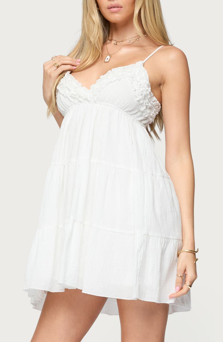 EDIKTED Bianca Cotton Tiered Babydoll Minidress, Alternate, color, White