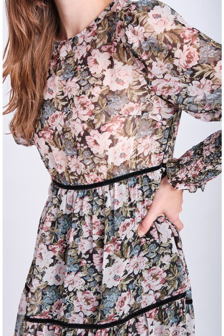 Floral Print Midi Dress, Alternate, color, BLACK
