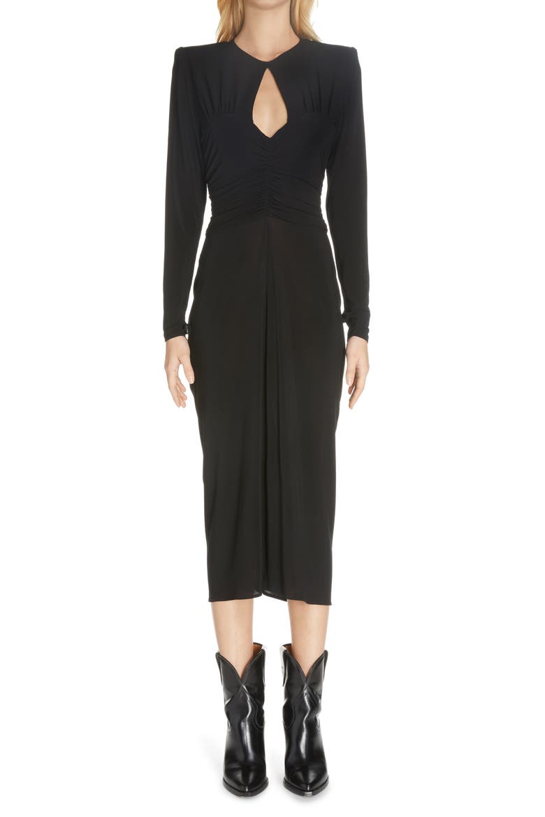 Jinelima Keyhole Long Sleeve Midi Dress, Main, color, BLACK