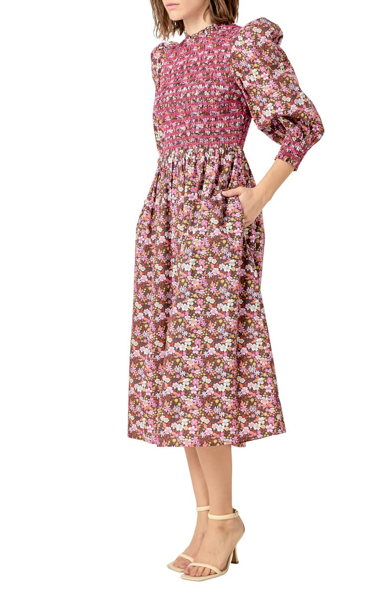 English Factory Floral Smock Bodice Midi Dress, Alternate, color, Pink