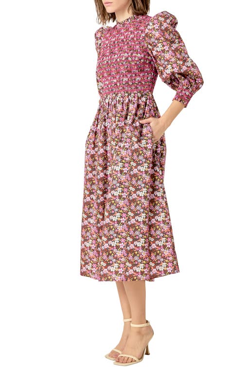 ENGLISH FACTORY ENGLISH FACTORY FLORAL SMOCK BODICE MIDI DRESS
