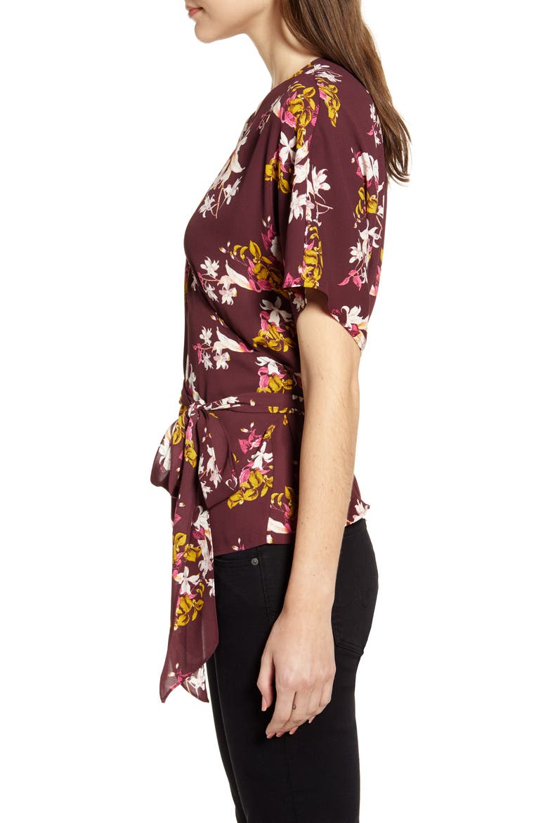 Wrap Style Top, Alternate, color, BURGUNDY STEM JESSICA FLORAL