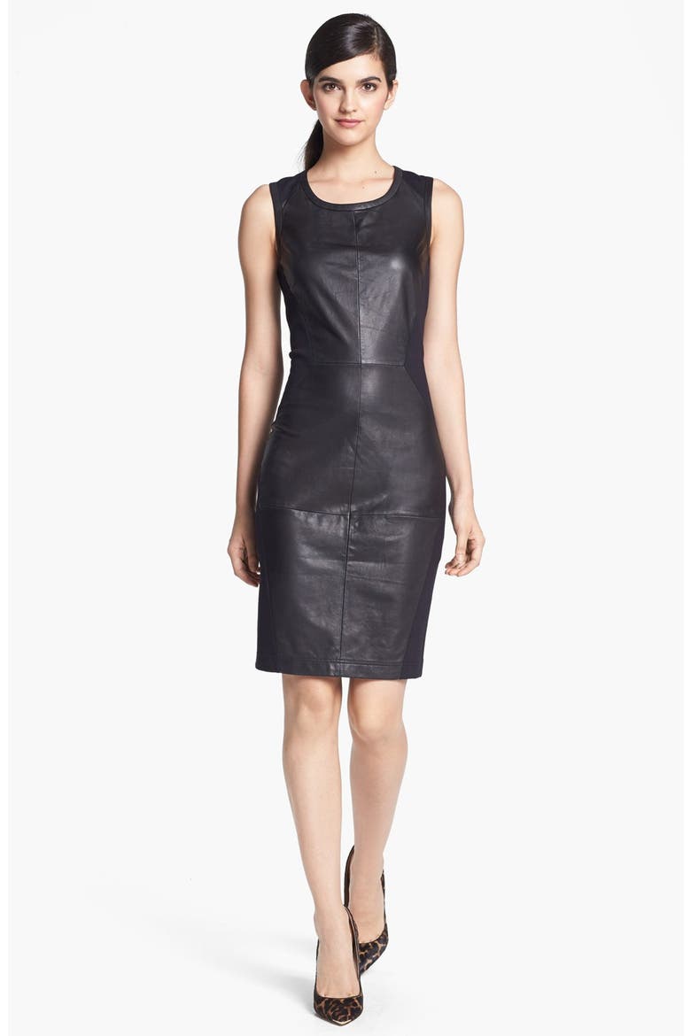 Leather Front Body-Con Dress, Main, color, BLACK