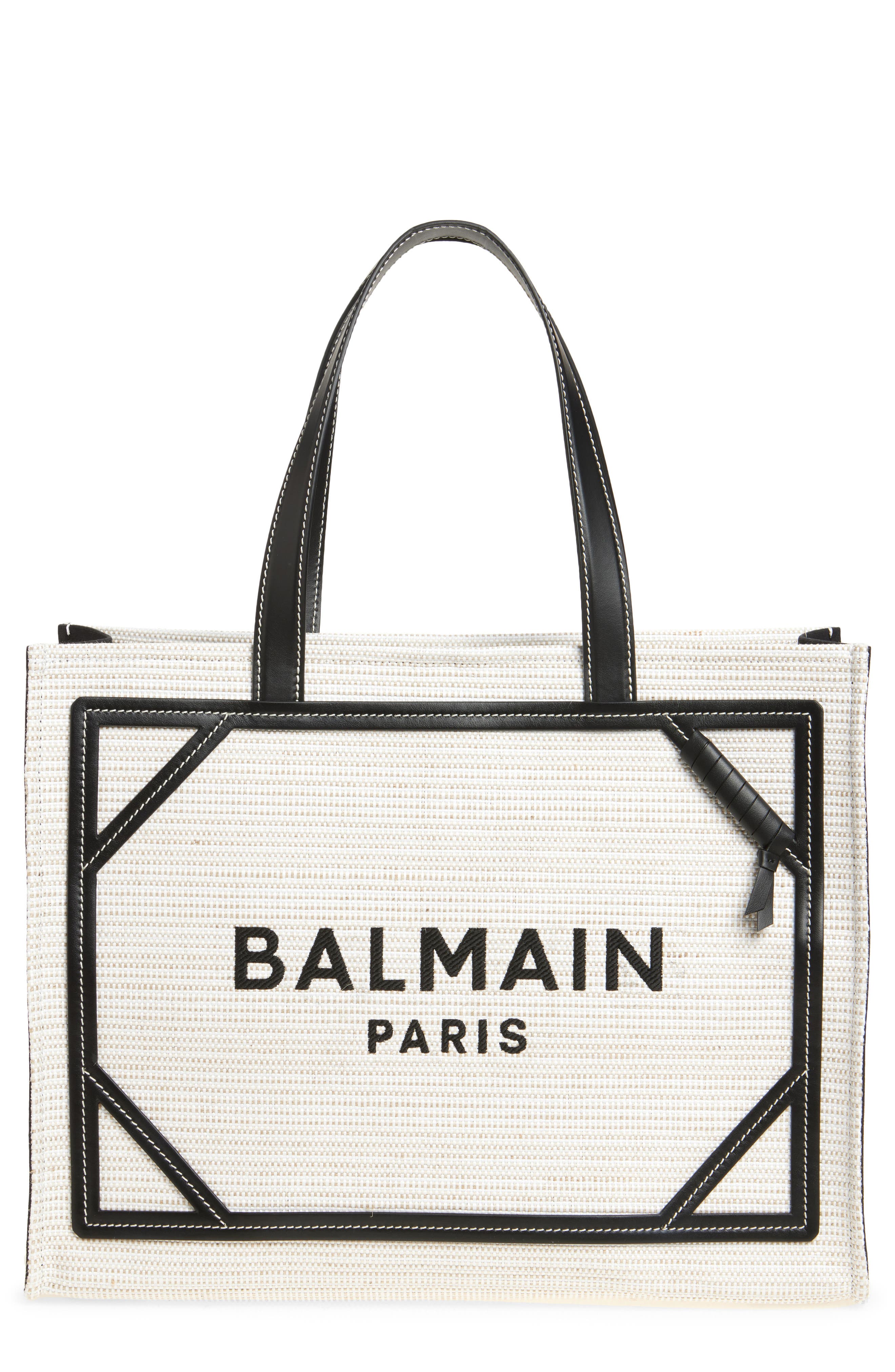 Balmain Medium B-Army Raffia Shopper Tote, Main, color, 