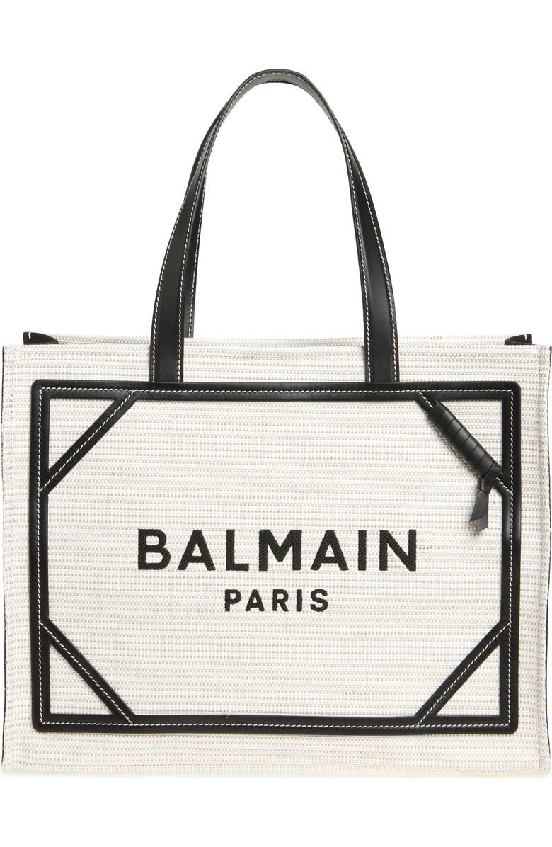 Balmain Medium B-Army Raffia Shopper Tote, Main, color,