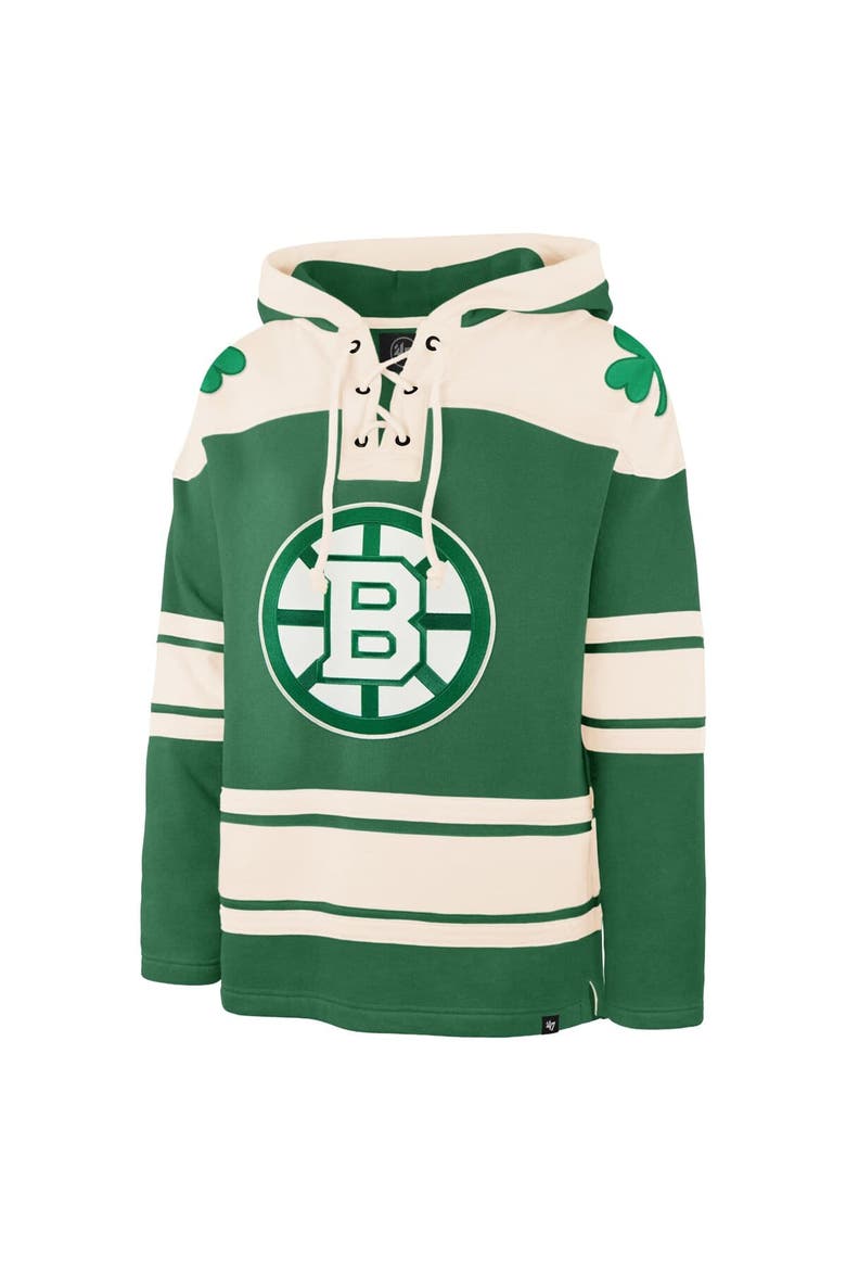 Men's '47 Jeremy Swayman Kelly Green Boston Bruins St. Patrick's Day Player Name & Number Lacer Pullover Hoodie, Alternate, color, Kelly Green
