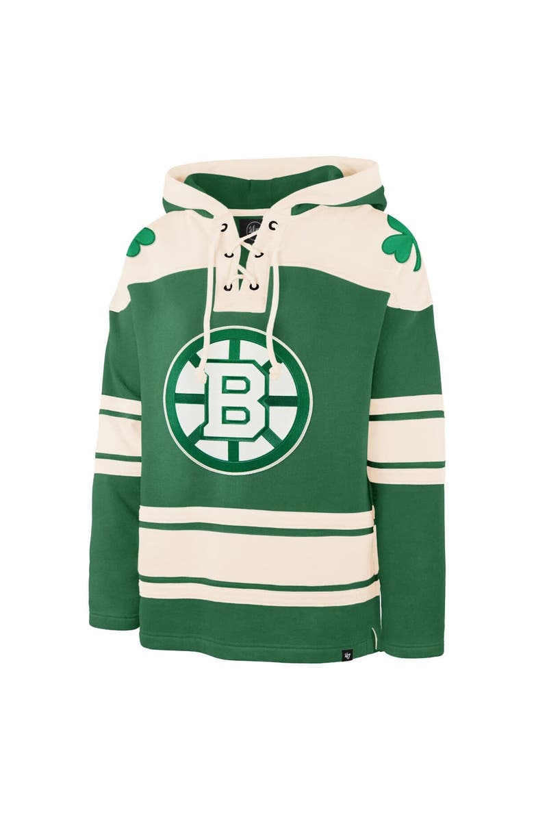 '47 Men's '47 Jeremy Swayman Kelly Green Boston Bruins St. Patrick's Day Player Name & Number Lacer Pullover Hoodie, Alternate, color, Kelly Green