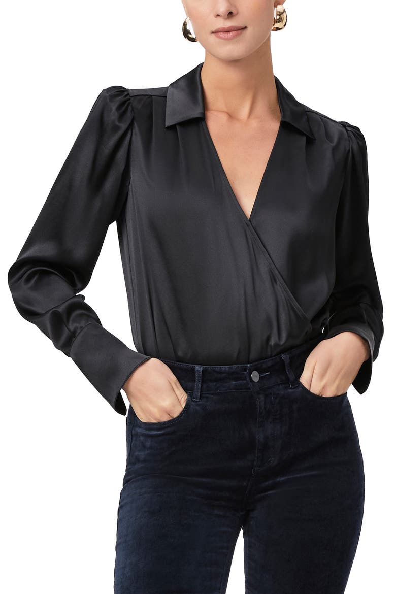 Nyla Long Sleeve Silk Satin Bodysuit, Main, color, BLACK