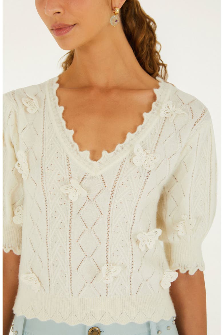 Richilieu Butterfly Appliqué Pointelle Sweater, Alternate, color, OFF-WHITE