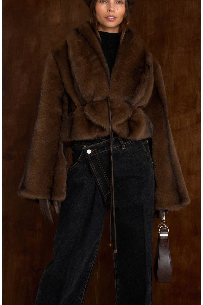 Nola Fur Shawl Jacket with Leather Belt, Alternate, color, Brown