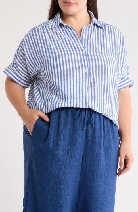 Stripe Short Sleeve Textured Button-Up Shirt (Plus)