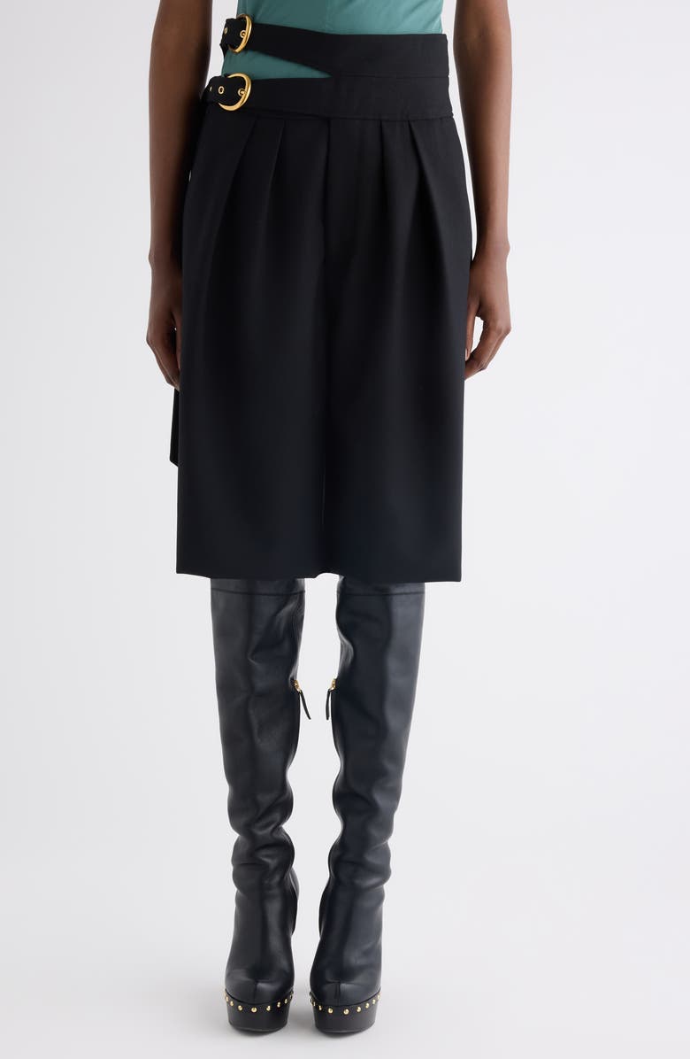 Chloé Buckle Keyhole High Waist Wool Shorts, Main, color, Black