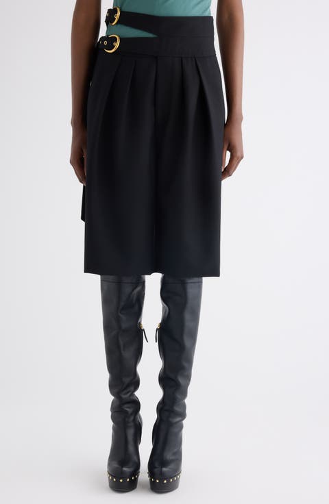 Buckle Keyhole High Waist Wool Shorts