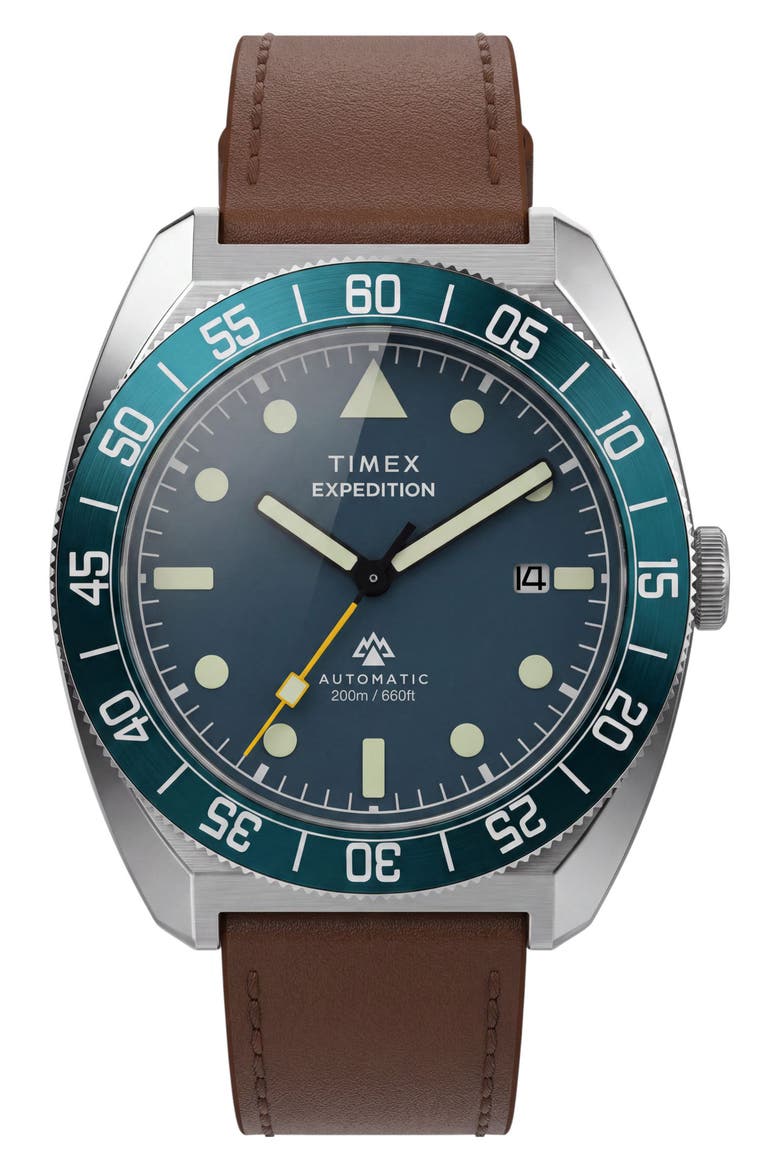 Expedition Pioneer Automatic Leather Strap Watch, Main, color, BROWN