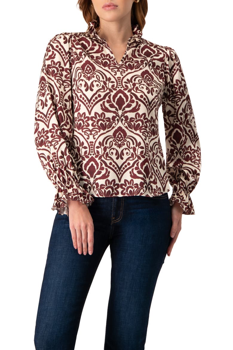 Ruffled V-Neck Abstract Blouse, Main, color, Wine