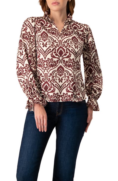 Ruffled V-Neck Abstract Blouse