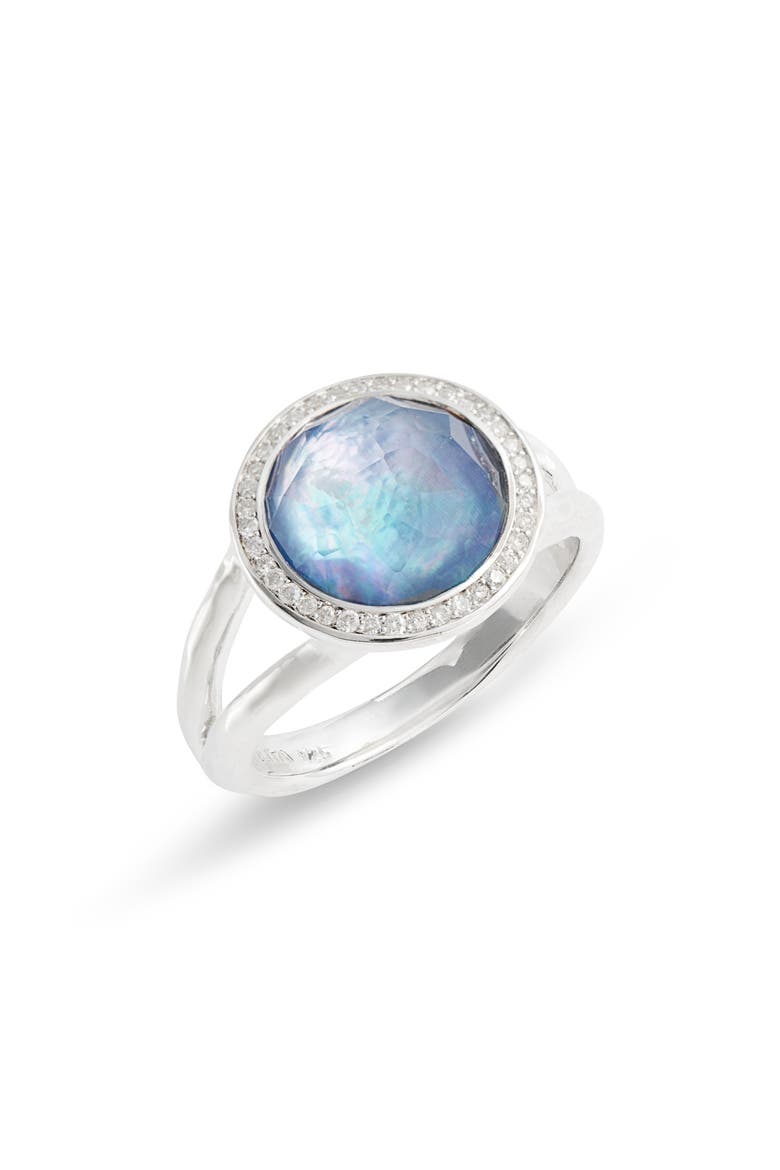 Sterling Silver Diamond Halo Triplet Stone Ring, Main, color, SILVER