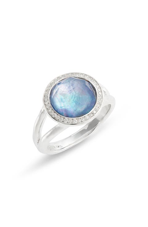 Sterling Silver Diamond Halo Triplet Stone Ring