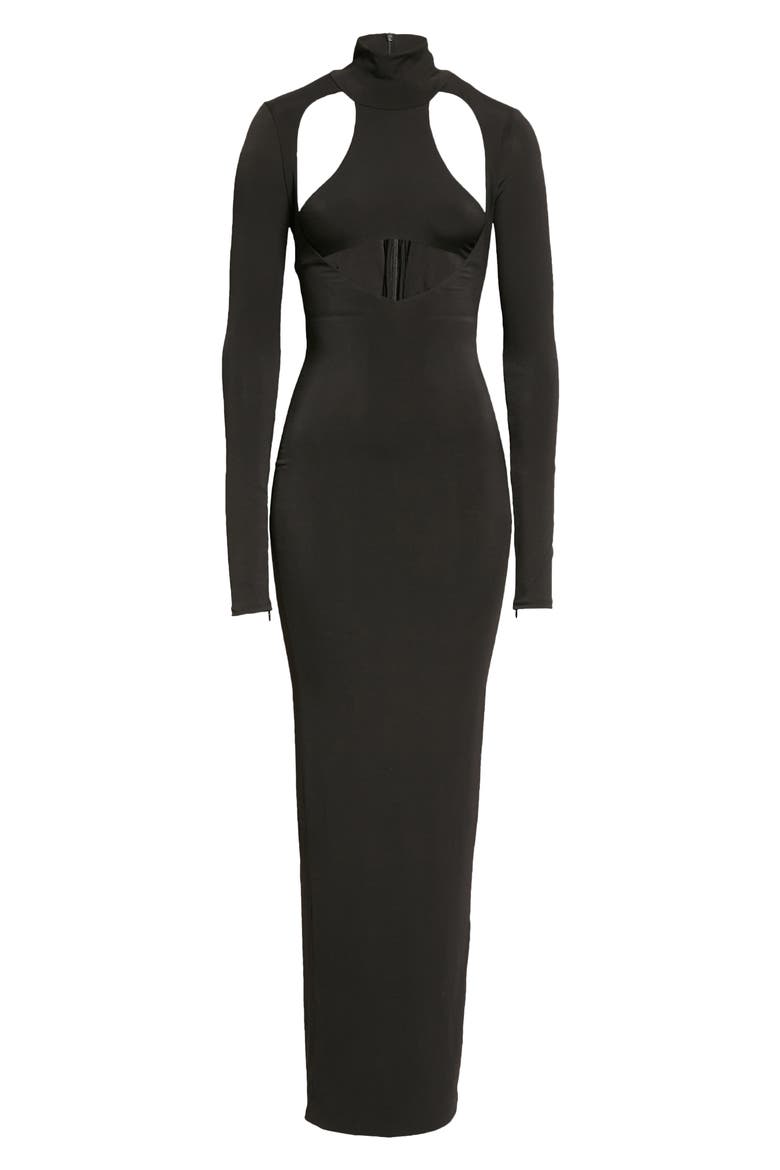 Cutout Mock Neck Stretch Jersey Gown, Alternate, color, BLACK
