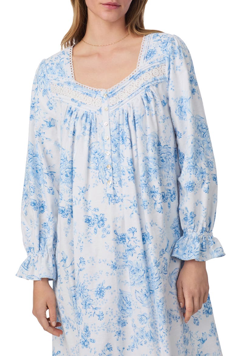 Long Sleeve Cotton Flannel Ballet Nightgown, Alternate, color, WHITE/ BLUE FLOWER