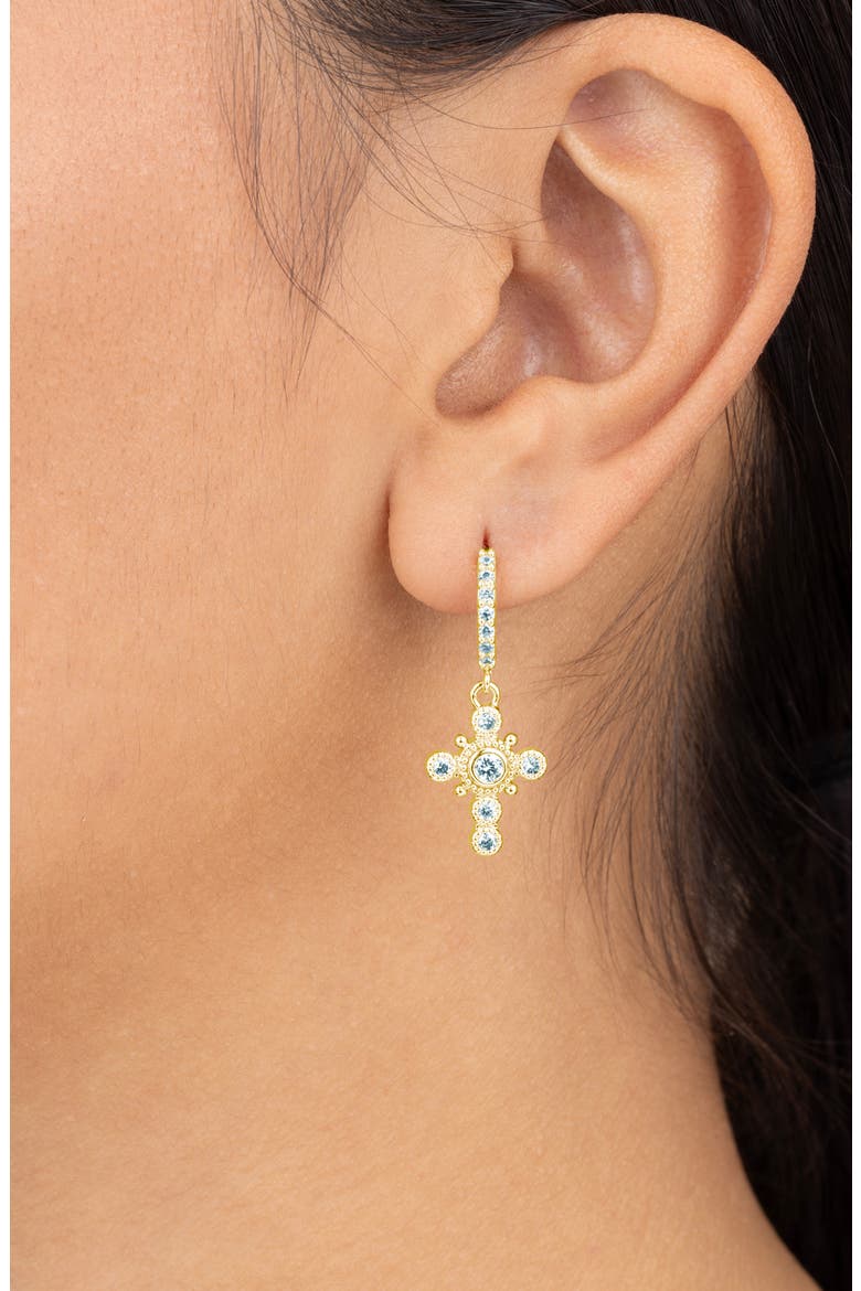Lisbeth Micro Hoop Cubic Zirconia Cross Drop Earrings, Alternate, color, GOLD