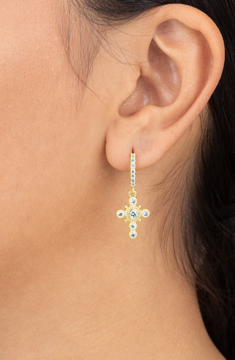 Sterling Forever Lisbeth Micro Hoop Cubic Zirconia Cross Drop Earrings, Alternate, color, Gold