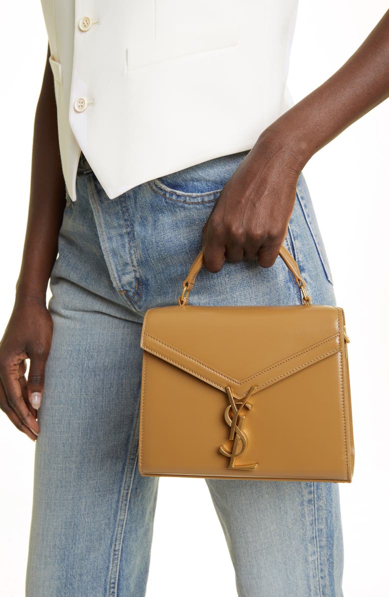 Saint Laurent Mini Cassandra Leather Top Handle Bag, Alternate, color, Cappuccino