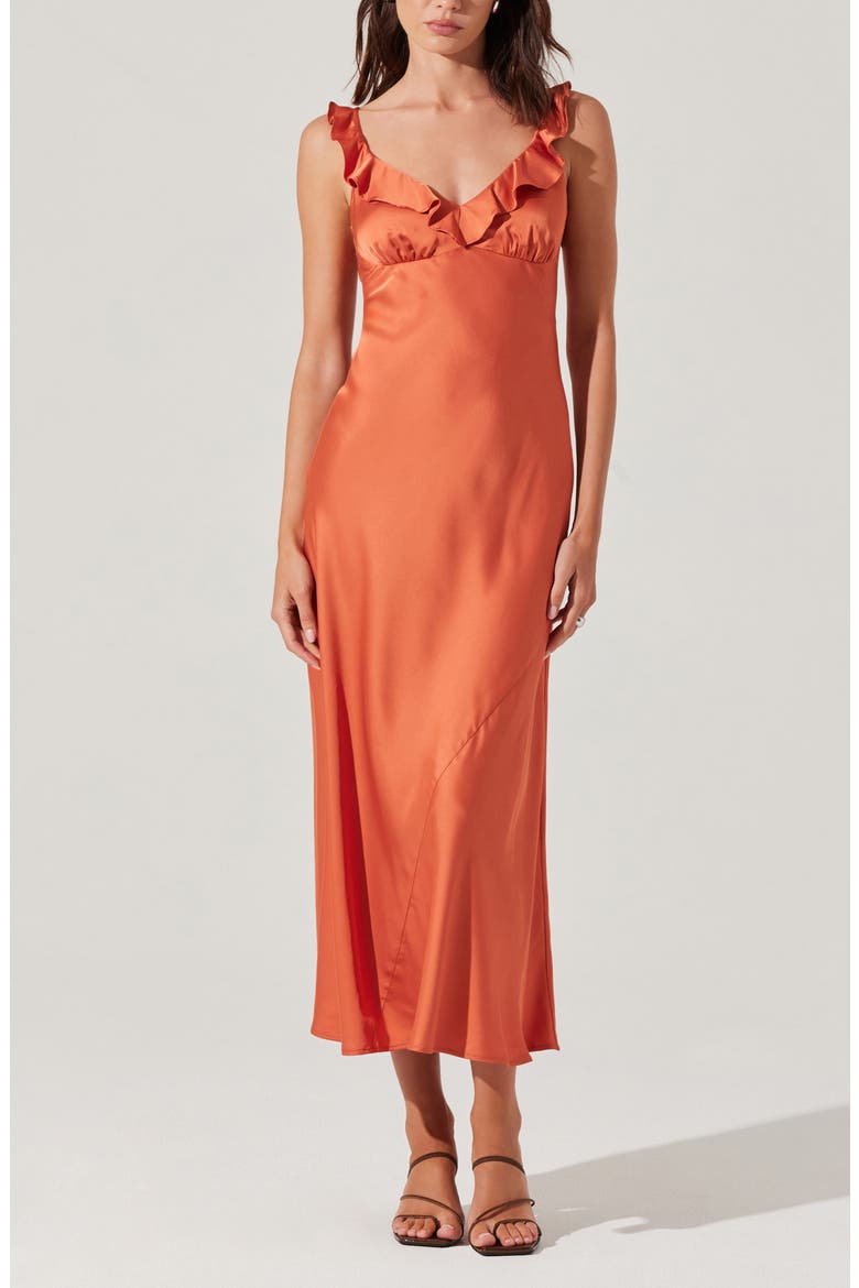 Zoie Ruffle Neck Satin Slipdress, Alternate, color, BRICK