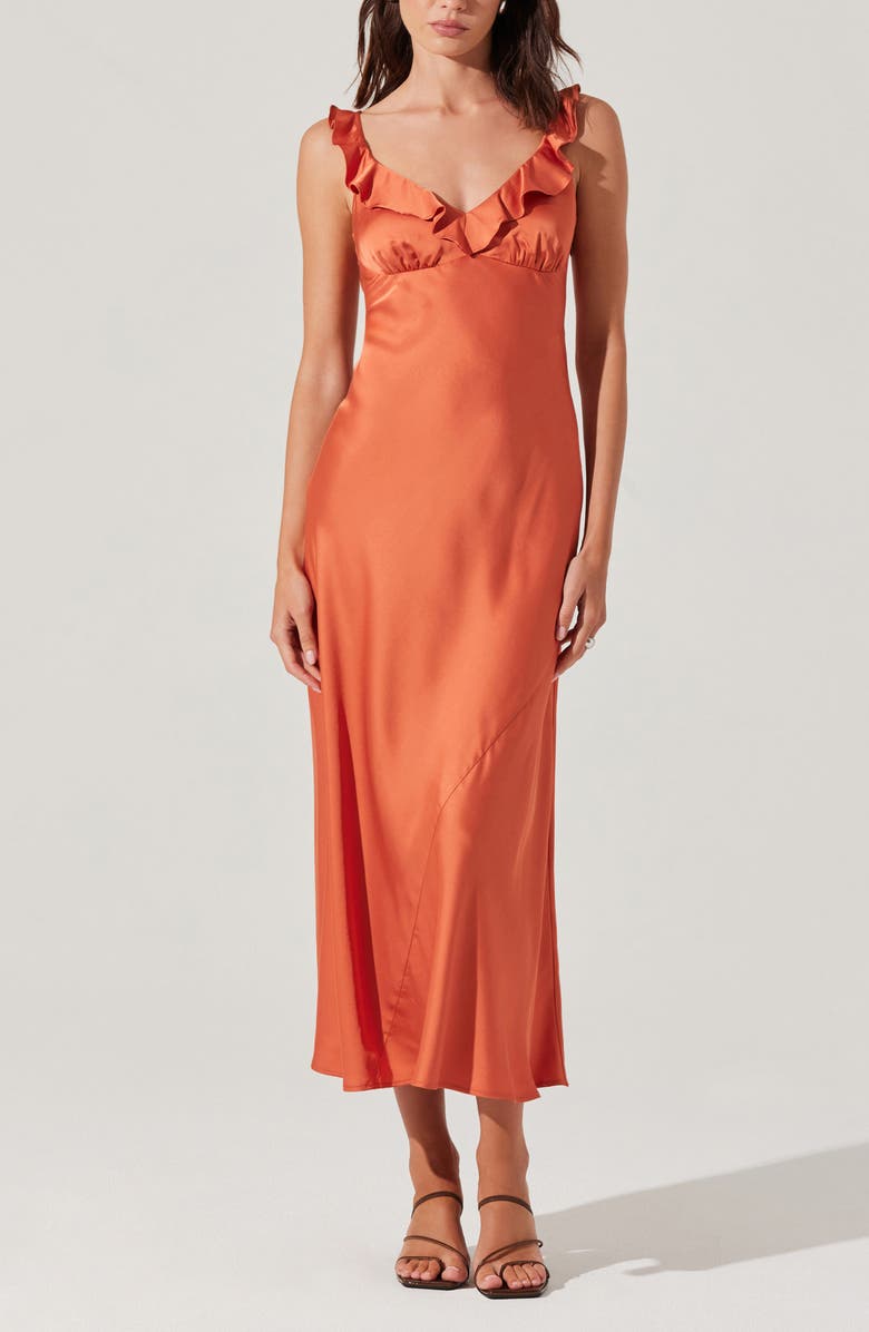 ASTR the Label Zoie Ruffle Neck Satin Slipdress, Alternate, color, Brick