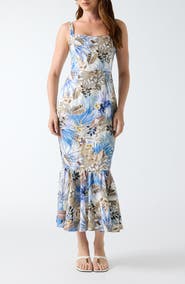 GUESS Rory Tropical Print Mermaid Hem Midi Dress