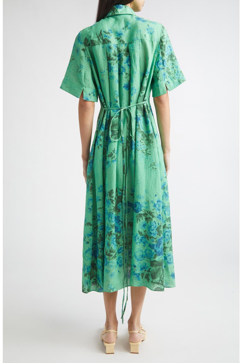 Floal Print Tie Waist Linen Shirtdress, Alternate, color, ROSE BOUQUET SEA GREEN