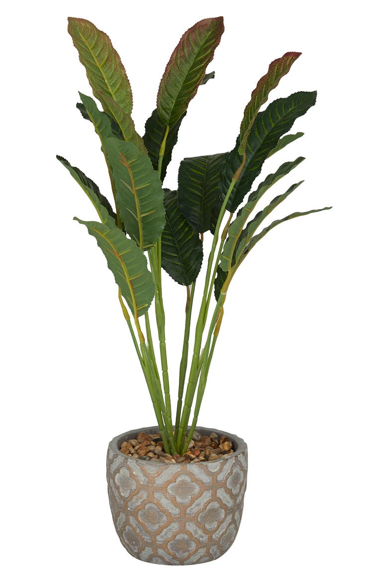 Green Faux Foliage Crotons Artificial Plant with Geometric Patterned Pot, Main, color, GREY