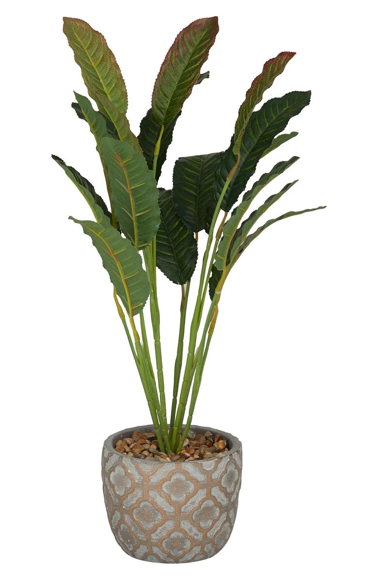 GINGER BIRCH STUDIO Green Faux Foliage Crotons Artificial Plant with Geometric Patterned Pot, Main, color, Grey