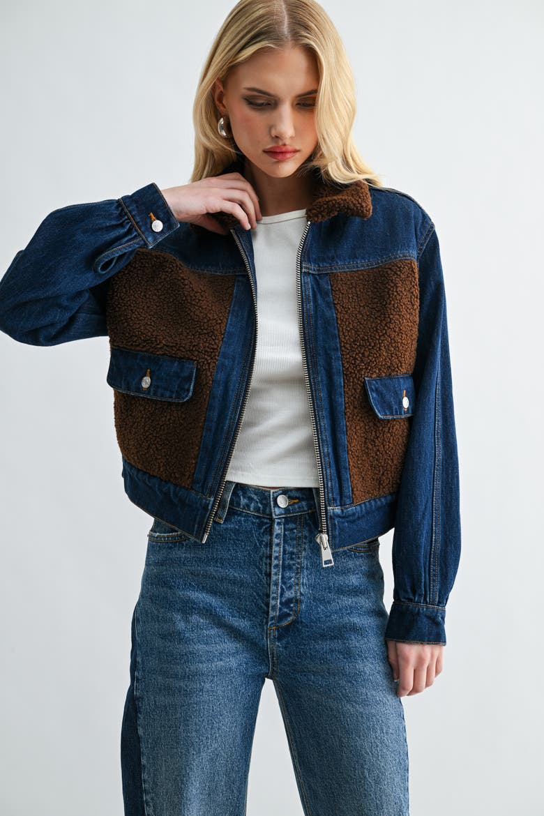 Two-Tone Cropped Denim Jacket, Alternate, color, Two Tone Dark Wash