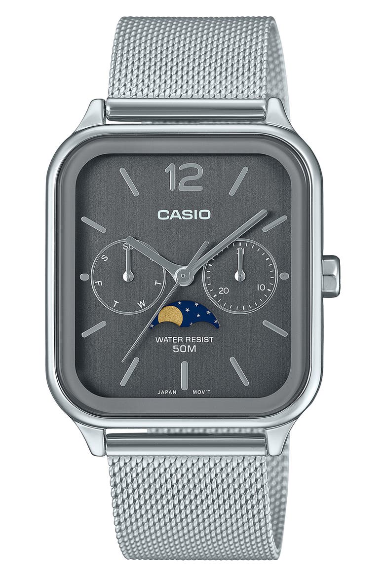 Moonphase Mesh Strap Watch, 44.5mm x 34mm, Main, color, SILVER