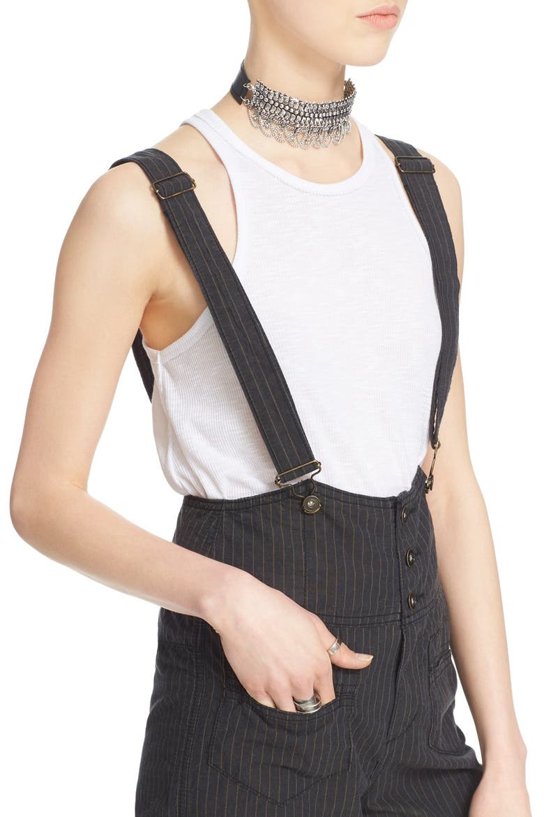 Pinstripe Flare Overalls, Alternate, color, BLACK/ TAN
