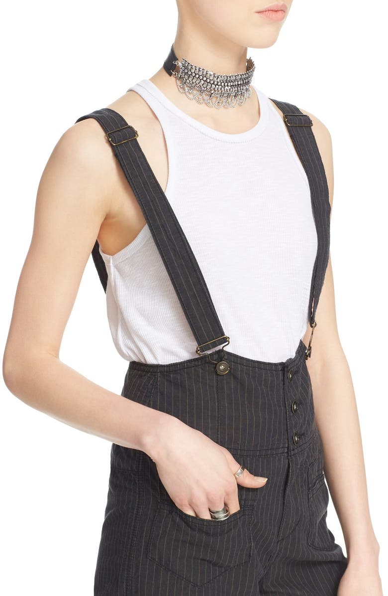 Free People Pinstripe Flare Overalls, Alternate, color, 