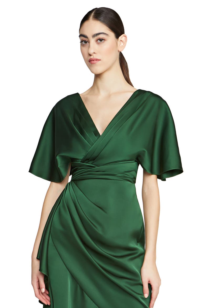 Gwen Ruffle Asymmetric Hem Elbow Sleeve Satin Faux Wrap Dress, Alternate, color, THORN