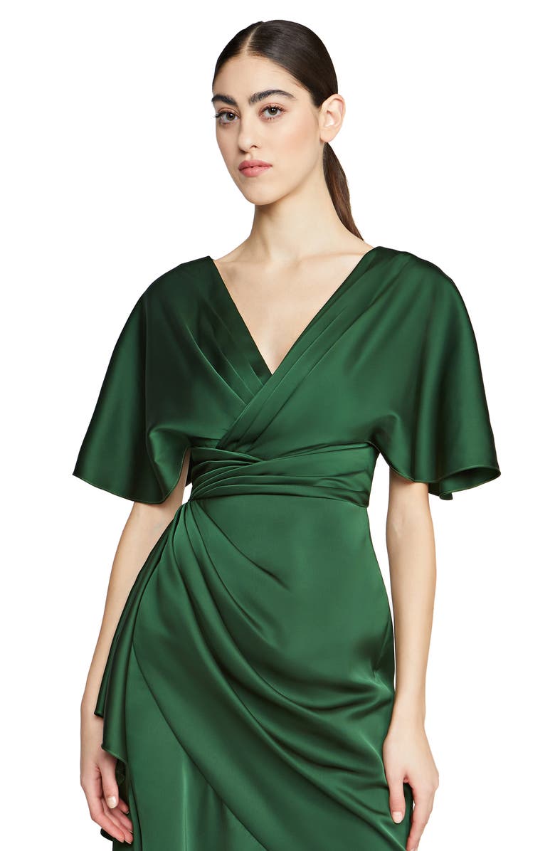 Theia Gwen Ruffle Asymmetric Hem Elbow Sleeve Satin Faux Wrap Dress, Alternate, color,