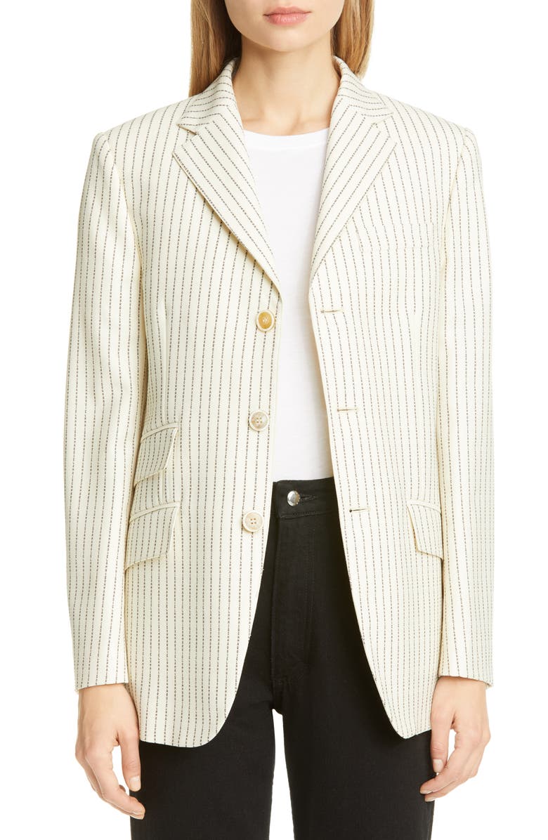Maison Margiela Logo Pinstripe Wool Blend Blazer, Main, color,