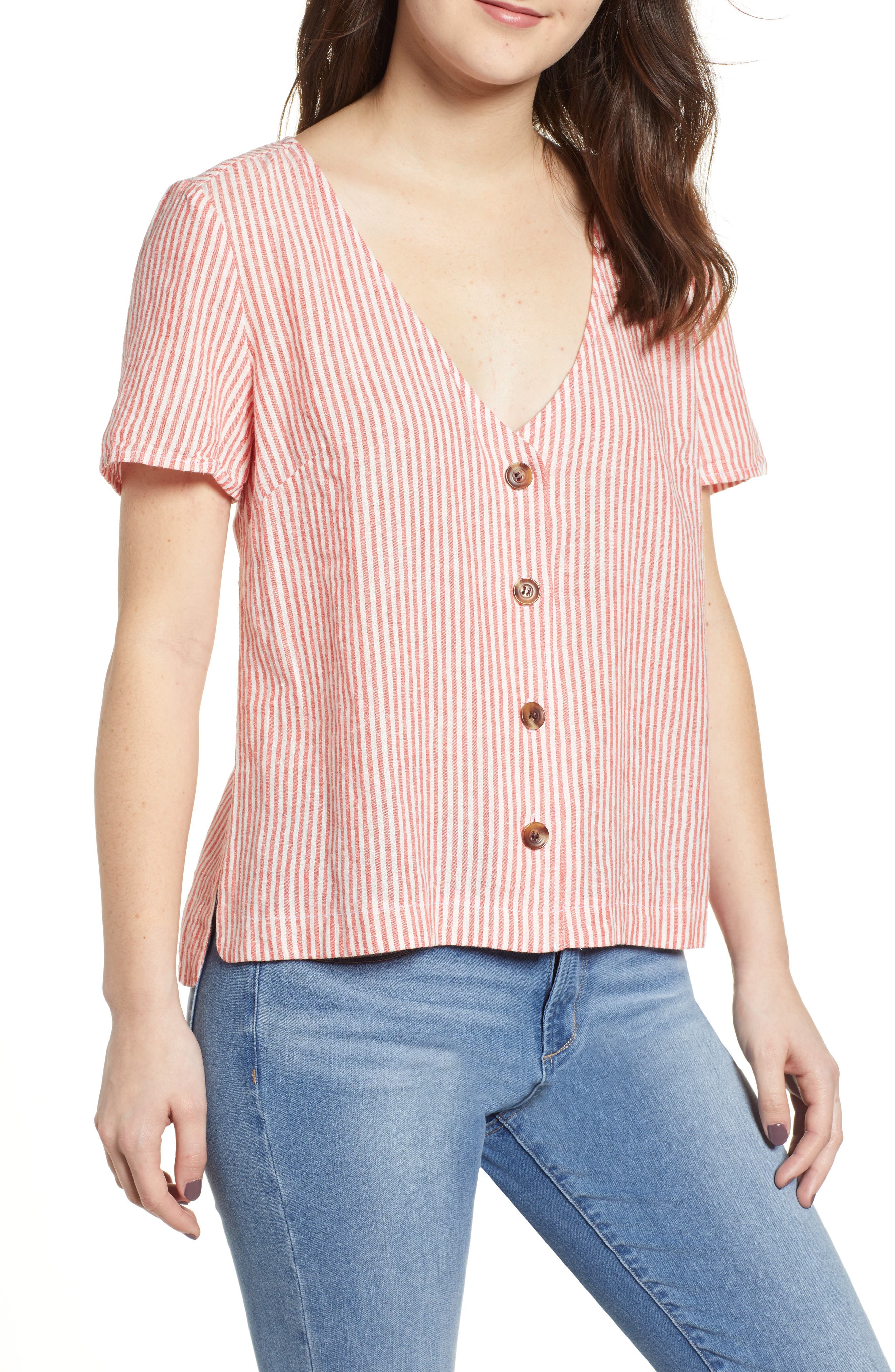 BP. Button Front Linen Blend Top (Women) | Nordstrom