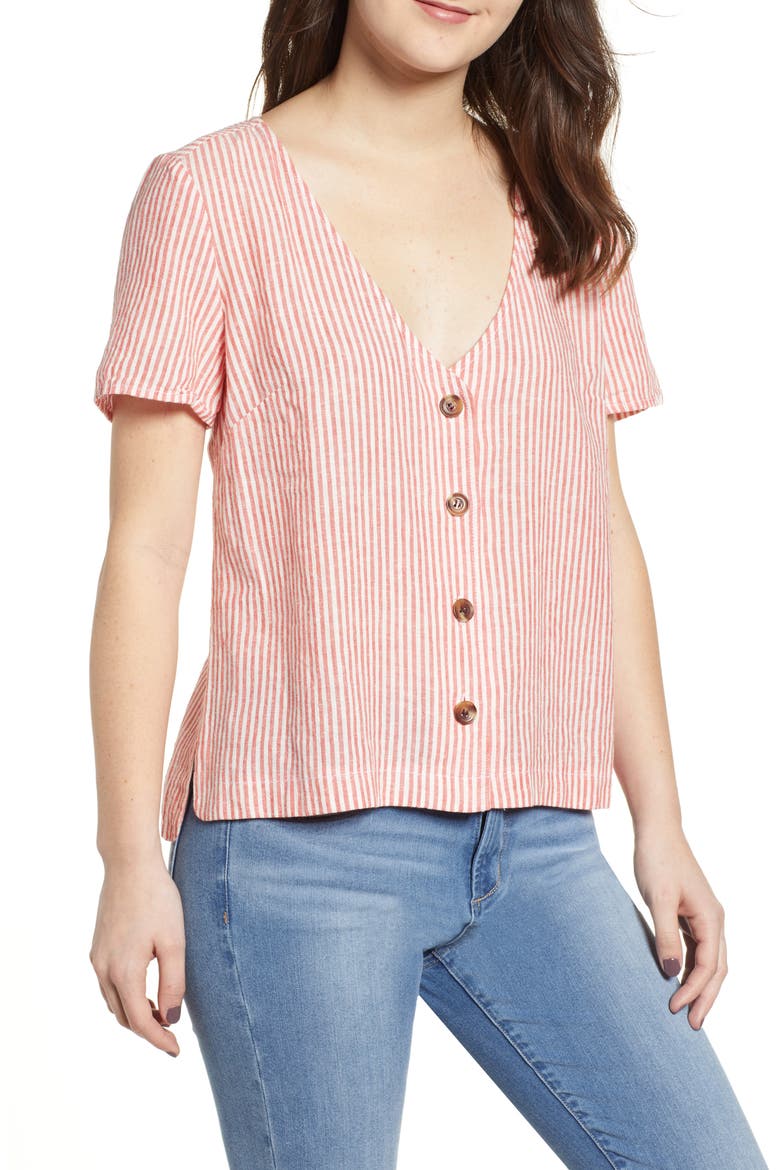 Button Front Linen Blend Top, Main, color, RED HIBISCUS MARA STRIPE