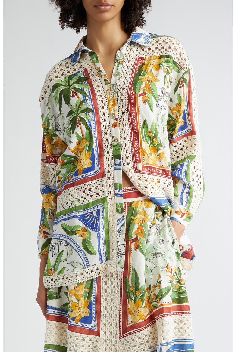 Tropical Destination Crochet Detail Button-Up Shirt, Main, color, OFF-WHITE