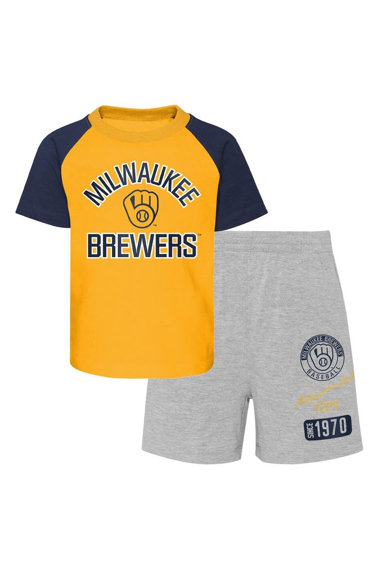 Infant Gold/Heather Gray Milwaukee Brewers Ground Out Baller Raglan T-Shirt and Shorts Set, Main, color, Gold