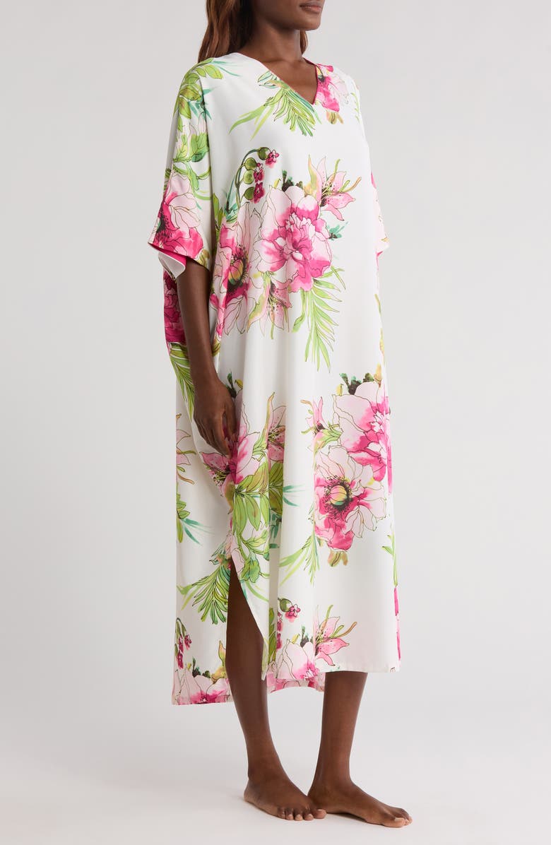 Natori Sonomi Floral Matte Satin Caftan Nightgown, Alternate, color, White Multi