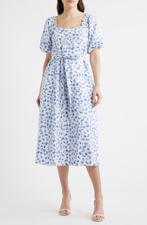 Floral Puff Sleeve Cotton Midi Dress