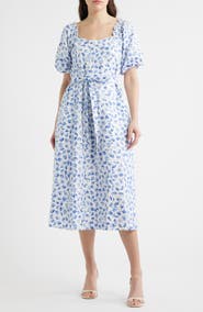 CeCe Floral Puff Sleeve Cotton Midi Dress