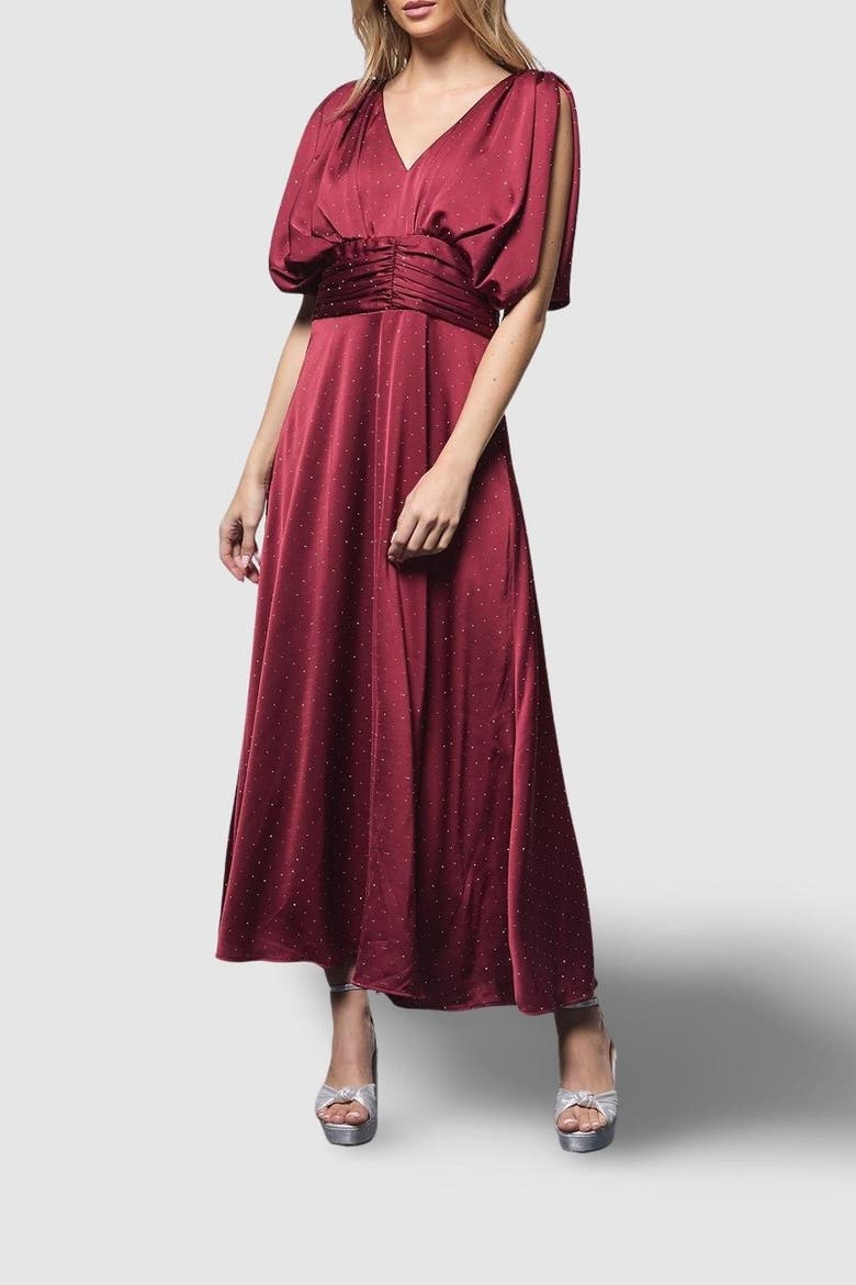Hotfix Detail Ruched Bodice Midi Dress, Alternate, color, Wine